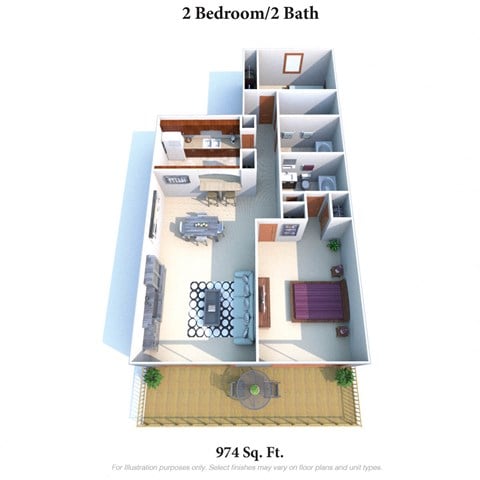 Floor plan for 2 beds, 2 baths, 974 sqft